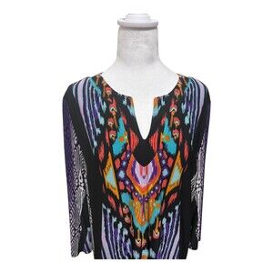 Chicos Dress Size 3 US XL Ikat Print Pullover 3/4 Sleeve Multicolor Boho Casual